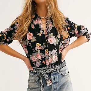 Free People Hold On To Me Long Sleeve Button Down Black Floral Top Sz M
